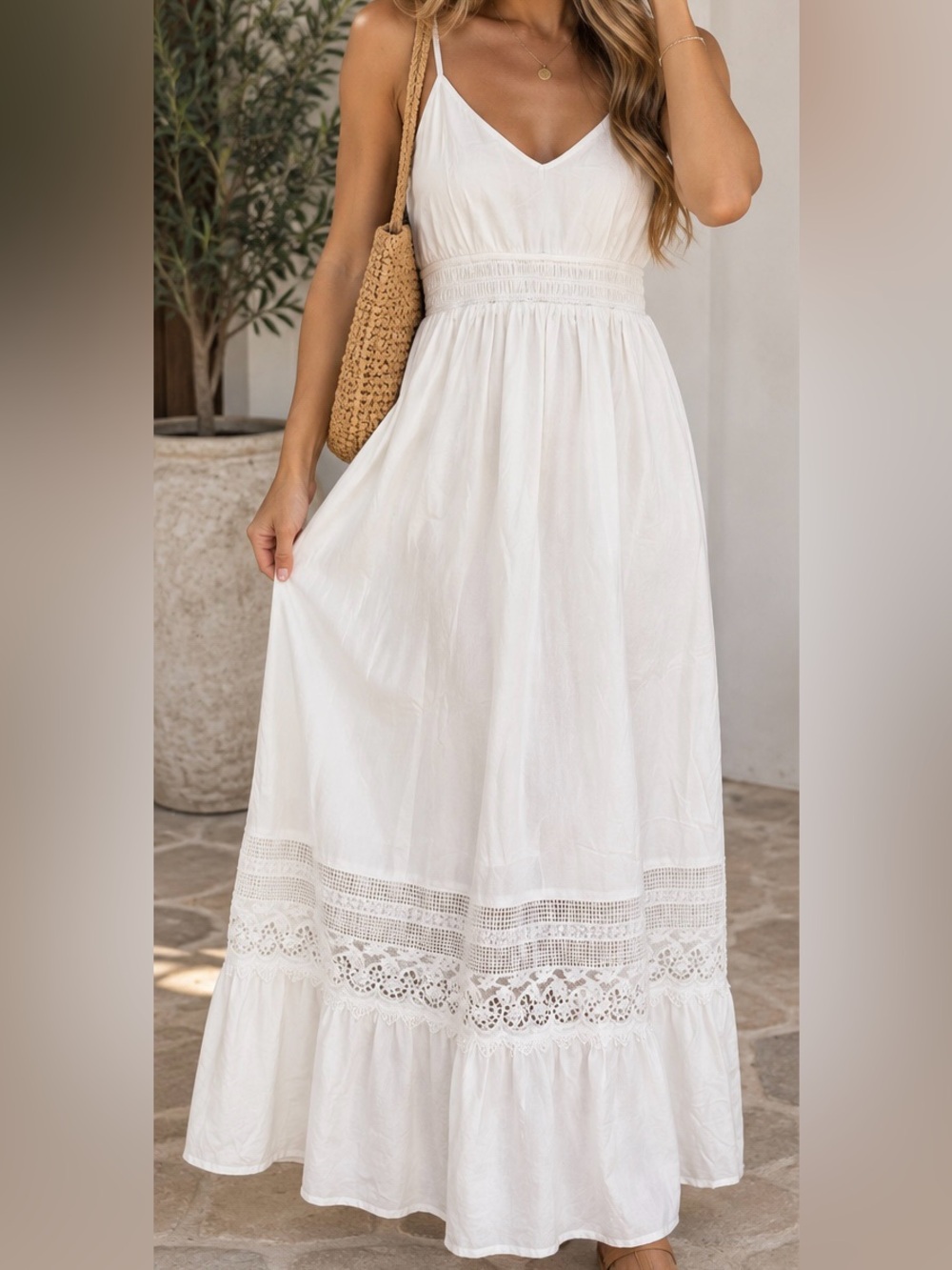 Cupshe White V-Neck Lace-Trim Maxi Skirt